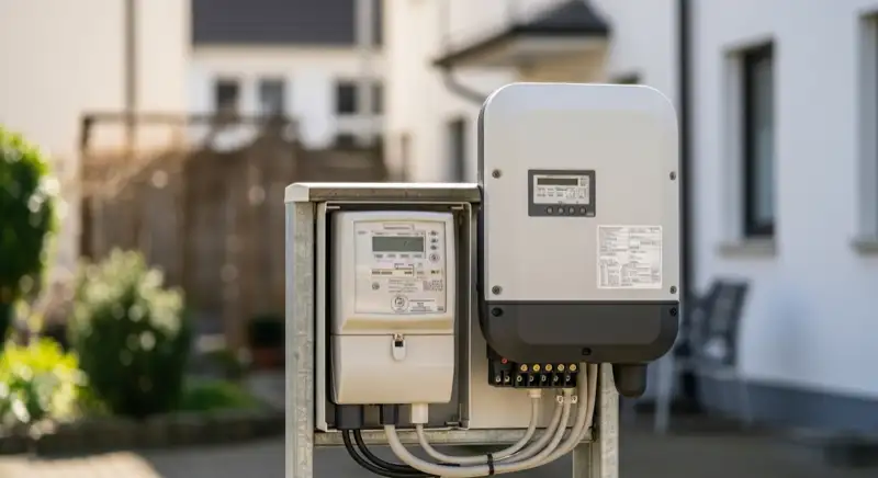 Modern German electrical meter cabinet (Zählerschrank) with smart meter and solar inverter connection, clean technical installation