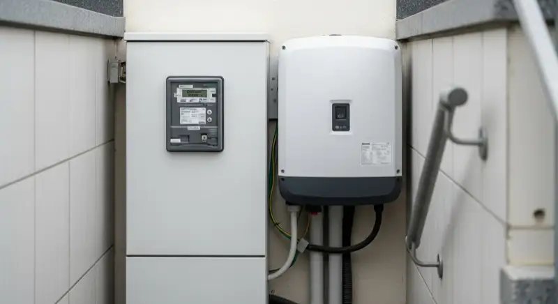 Modern German electrical meter cabinet (Zählerschrank) with smart meter and solar inverter connection, clean technical installation