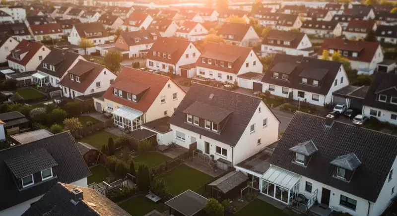 Aerial drone view of typical German residential neighborhood with mixed roof types, red and dark roof tiles, gardens visible, sunny day