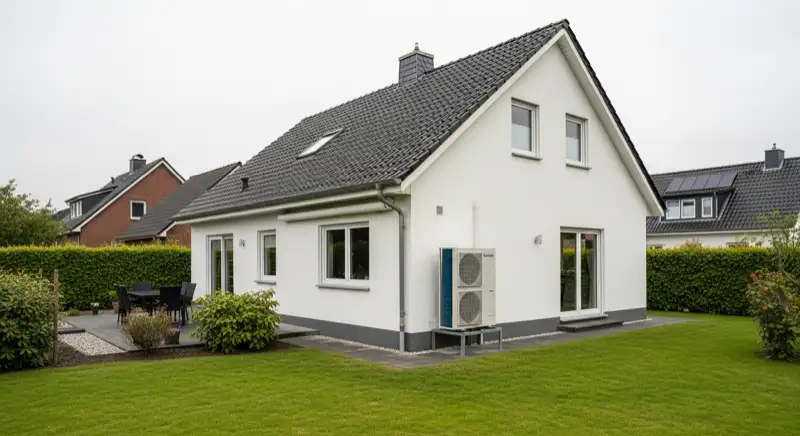 Heizungsinstallateur montiert Wärmepumpe an Einfamilienhaus in Melle