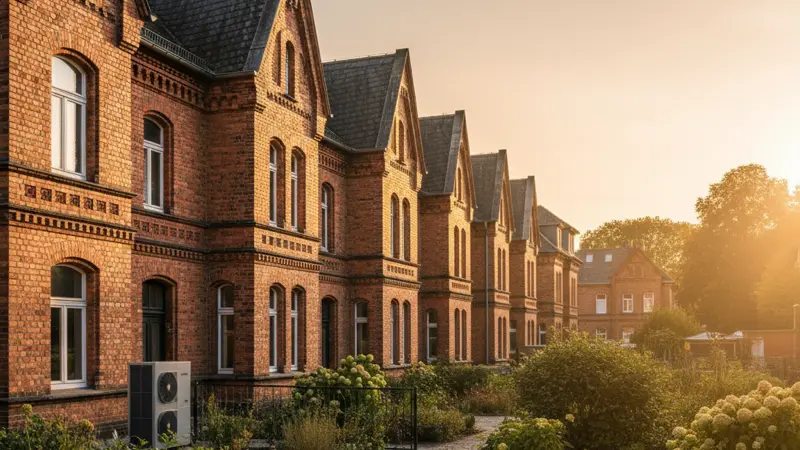 Wärmepumpe vor einem Einfamilienhaus in Mönchengladbach am Niederrhein, Luft-Wasser-Wärmepumpe im Vorgarten