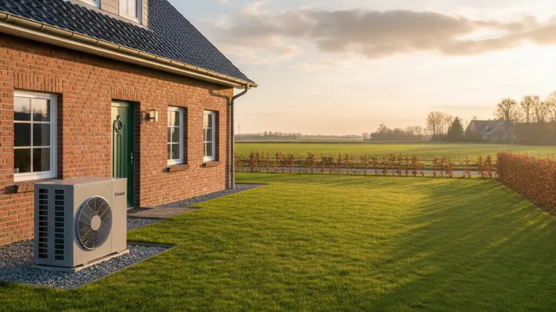 Eigenheimbesitzer prüfen Förderanträge für Wärmepumpe am Küchentisch, Laptop mit Förderportal