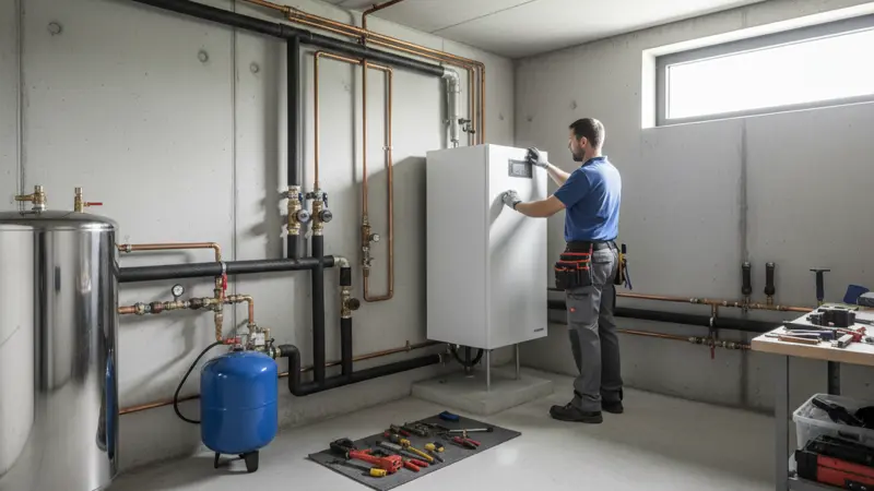 Smart-Home-Display zeigt Stromverbrauch der Wärmepumpe, Energiemonitoring an der Wand