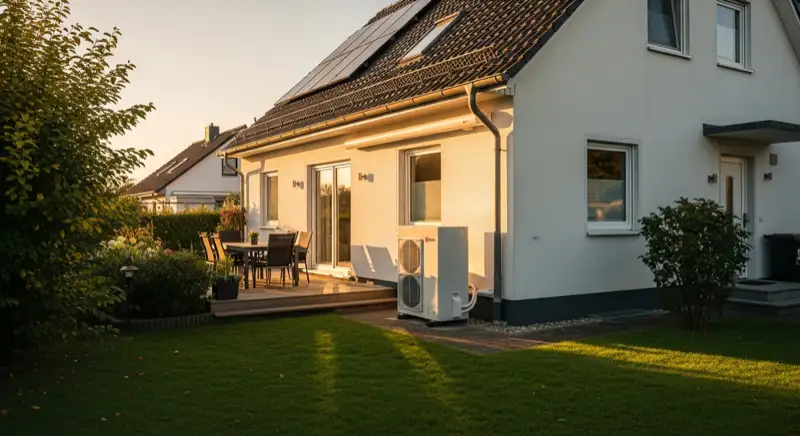 Einfamilienhaus in Moers-Kapellen mit moderner Luft-Wasser-Wärmepumpe Außeneinheit im Garten