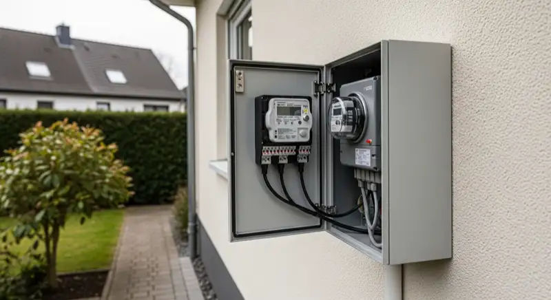 Modern German electrical meter cabinet (Zählerschrank) with smart meter and solar inverter connection, clean technical installation