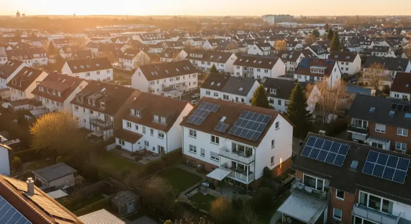 Aerial drone view of typical German residential neighborhood with mixed roof types, red and dark roof tiles, gardens visible, sunny day