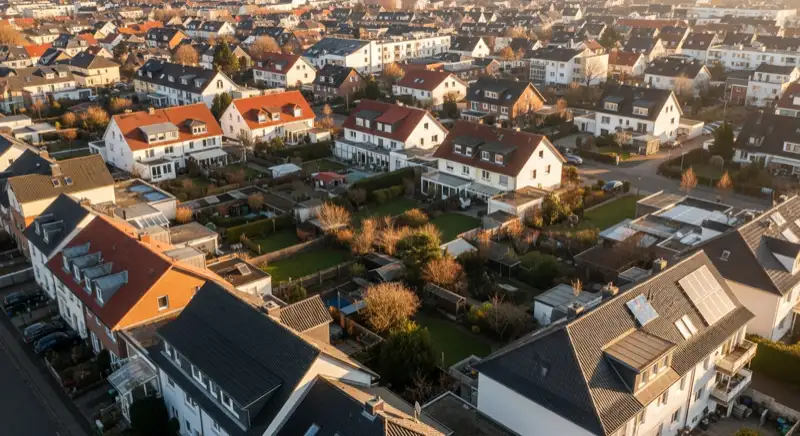 Aerial drone view of typical German residential neighborhood with mixed roof types, red and dark roof tiles, gardens visible, sunny day