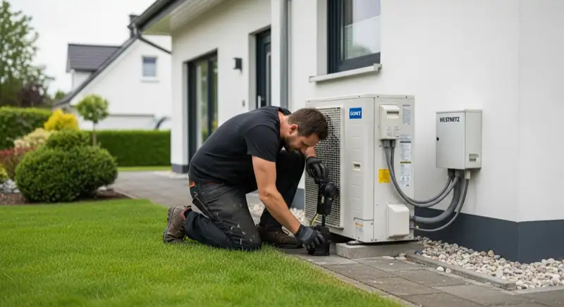Installateur montiert Wärmepumpen-Außeneinheit vor modernem Einfamilienhaus in Moers