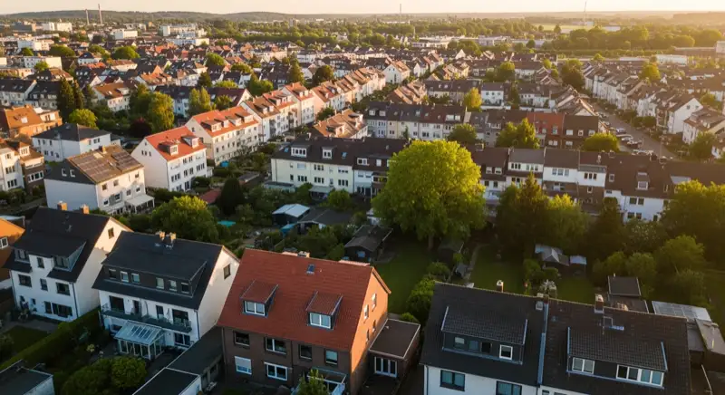 Aerial drone view of typical German residential neighborhood with mixed roof types, red and dark roof tiles, gardens visible, sunny day