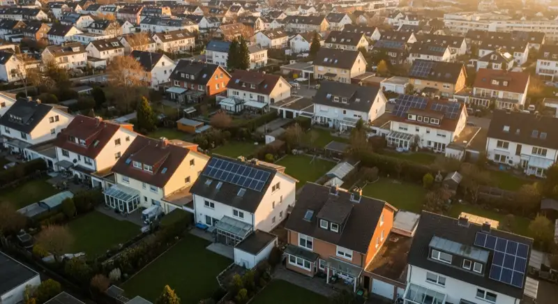Aerial drone view of typical German residential neighborhood with mixed roof types, red and dark roof tiles, gardens visible, sunny day