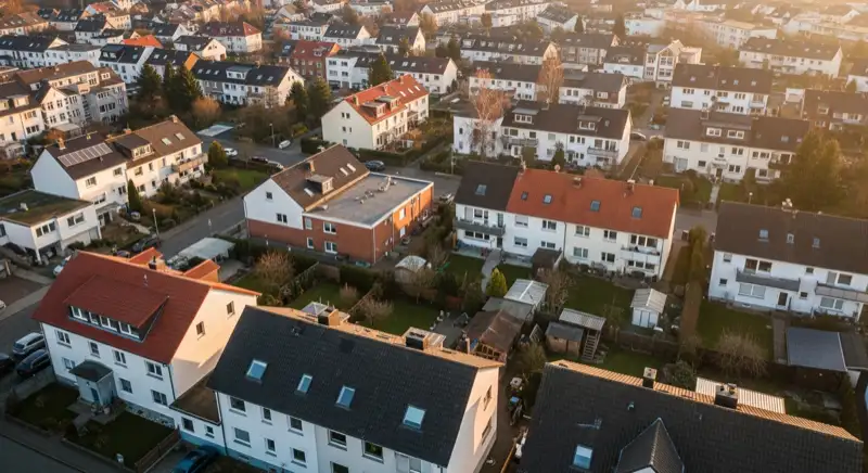 Aerial drone view of typical German residential neighborhood with mixed roof types, red and dark roof tiles, gardens visible, sunny day