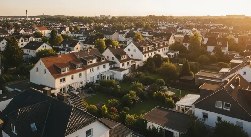 Aerial drone view of typical German residential neighborhood with mixed roof types, red and dark roof tiles, gardens visible, sunny day