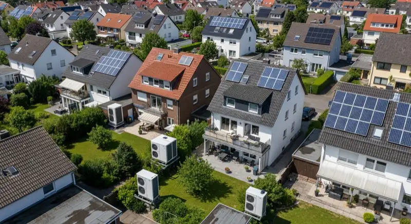 Aerial drone view of typical German residential neighborhood with mixed roof types, red and dark roof tiles, gardens visible, sunny day