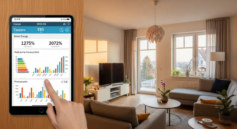 Smart-Home Display zeigt Energieverbrauch und Wärmepumpen-Effizienz in einem modernen Wohnzimmer
