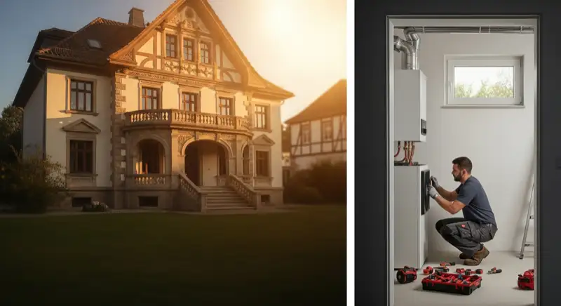 Heizungstechniker bei der fachgerechten Installation einer Wärmepumpe im Technikraum eines Mülheimer Hauses