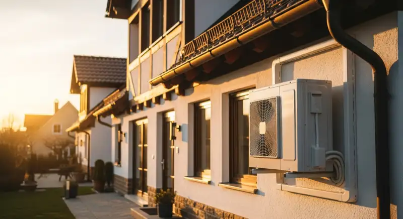 Nahaufnahme einer Luft-Wasser-Wärmepumpe, modernes Außengerät neben einer Hauswand in Mülheim an der Ruhr