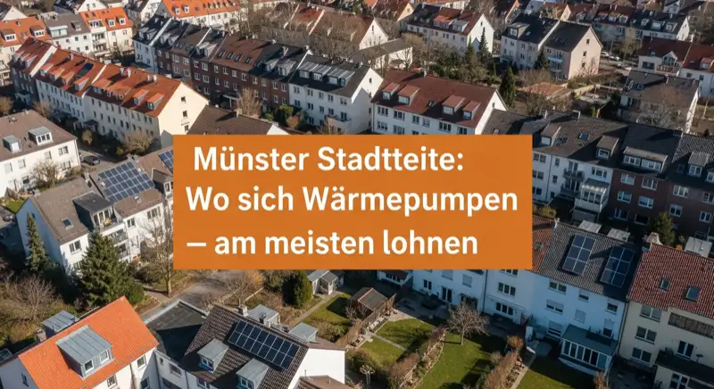 Aerial drone view of typical German residential neighborhood with mixed roof types, red and dark roof tiles, gardens visible, sunny day