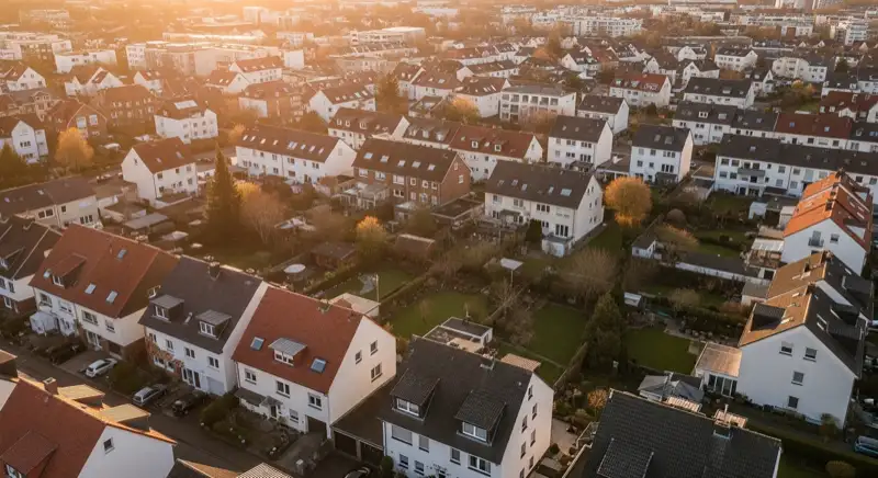 Aerial drone view of typical German residential neighborhood with mixed roof types, red and dark roof tiles, gardens visible, sunny day