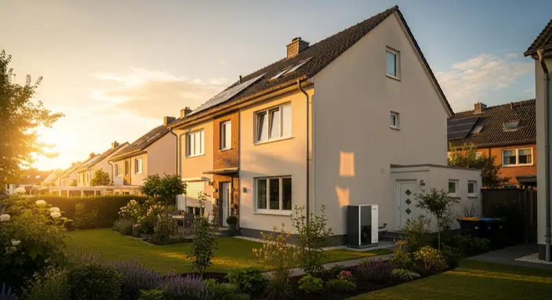 Einfamilienhaus in Münster mit Luft-Wasser-Wärmepumpe Außeneinheit im Garten