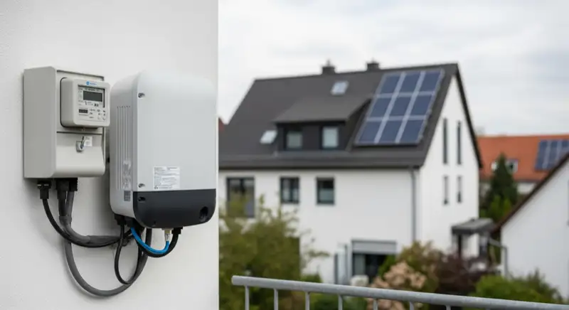 Modern German electrical meter cabinet (Zählerschrank) with smart meter and solar inverter connection, clean technical installation