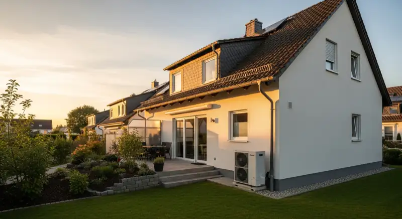 Siedlungshaus in Zeppelinheim mit Wärmepumpen-Außeneinheit in seitlicher Vorgartenlage