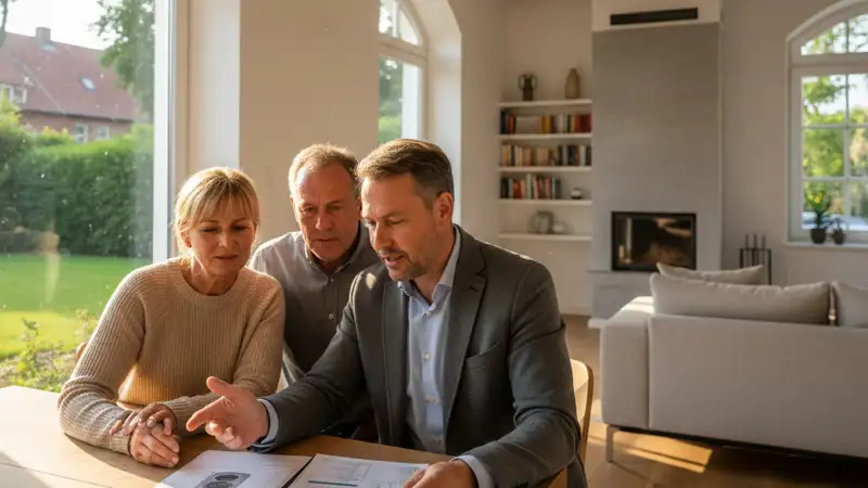 Energieberater mit Kostenaufstellung für Wärmepumpen in Neumünster, Laptop und Dokumente auf dem Schreibtisch