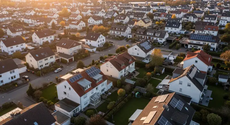 Aerial drone view of typical German residential neighborhood with mixed roof types, red and dark roof tiles, gardens visible, sunny day