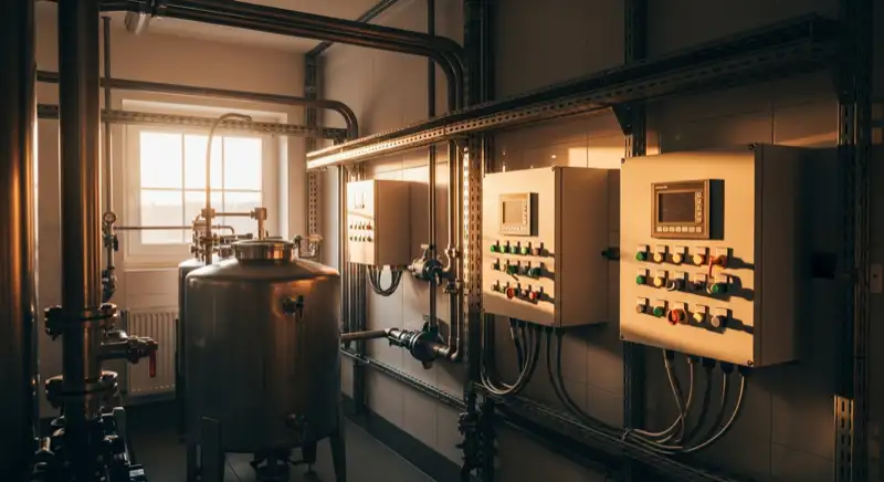 Fachbetrieb bei der Wärmepumpen-Installation an einem Neustadter Reihenhaus, Monteure bei der Arbeit