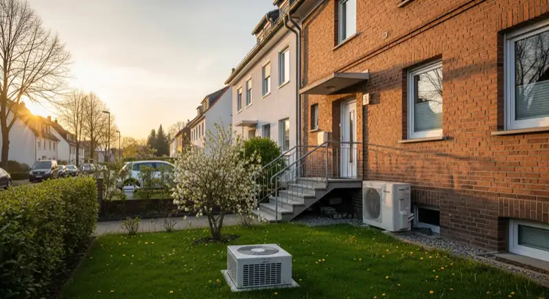Wärmepumpe an einem Neuwieder Altbau mit Rhein-Panorama im Hintergrund, moderne Luft-Wasser-Wärmepumpe