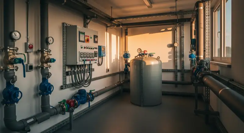 Fachbetrieb bei der Wärmepumpen-Installation an einem Neuwieder Reihenhaus, Monteure bei der Arbeit