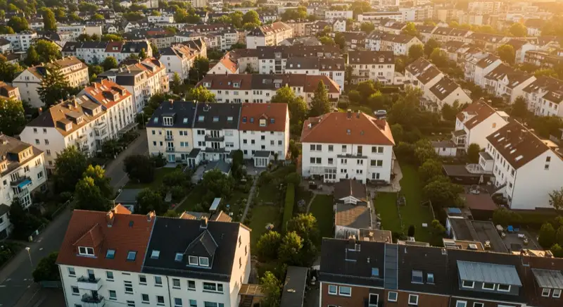Aerial drone view of typical German residential neighborhood with mixed roof types, red and dark roof tiles, gardens visible, sunny day