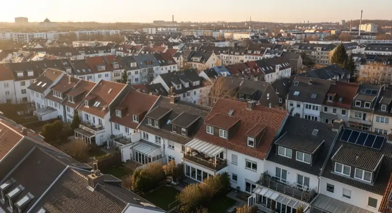 Aerial drone view of typical German residential neighborhood with mixed roof types, red and dark roof tiles, gardens visible, sunny day