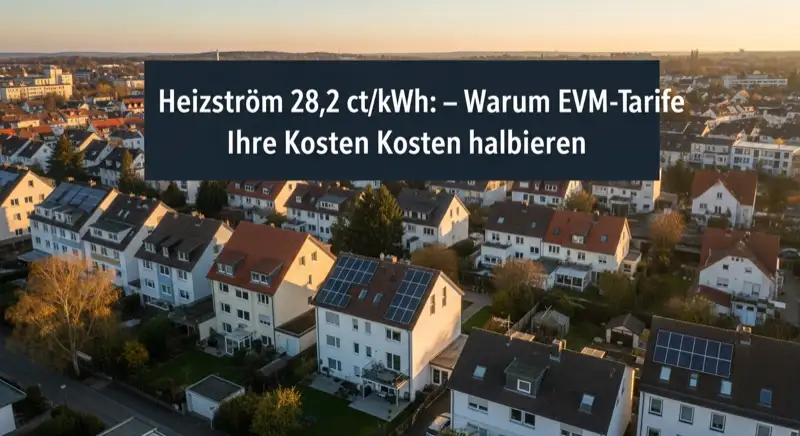 Aerial drone view of typical German residential neighborhood with mixed roof types, red and dark roof tiles, gardens visible, sunny day