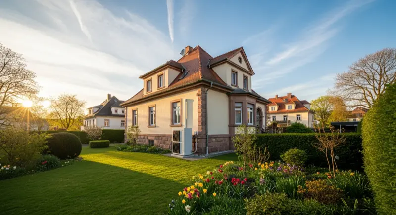 Wärmepumpe vor einem Nürnberger Einfamilienhaus mit fränkischer Sandsteinfassade