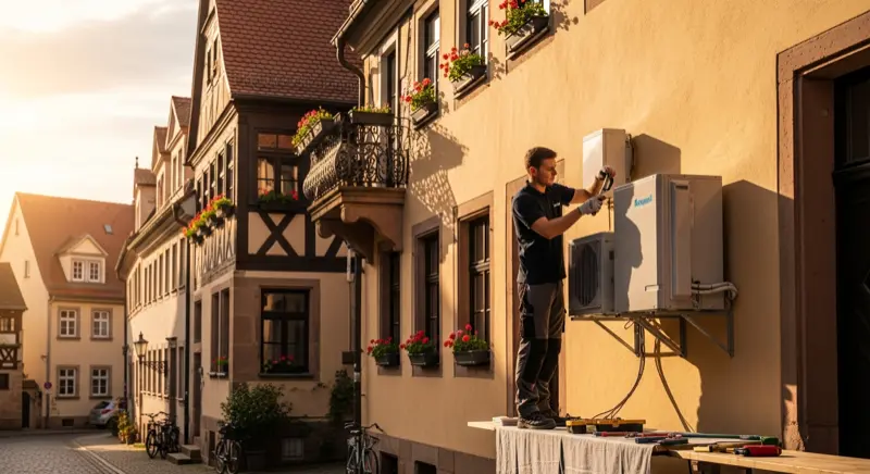 Wärmepumpen-Installation an einem Nürnberger Stadthaus, Techniker bei der Montage