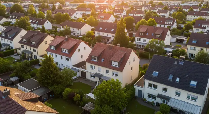 Aerial drone view of typical German residential neighborhood with mixed roof types, red and dark roof tiles, gardens visible, sunny day