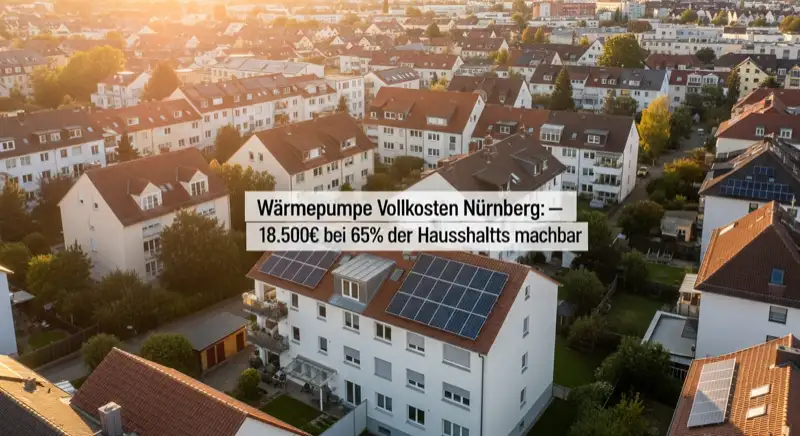 Aerial drone view of typical German residential neighborhood with mixed roof types, red and dark roof tiles, gardens visible, sunny day