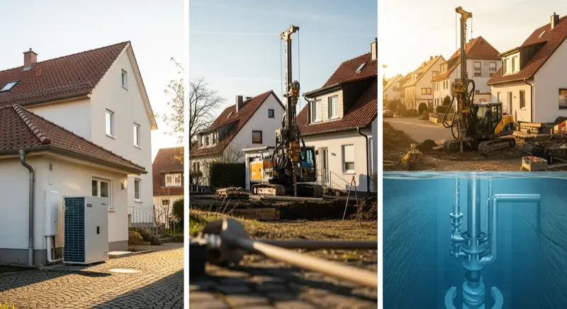 Verschiedene Wärmepumpen-Typen in einem Nürnberger Wohngebiet, Luft- und Erdwärmepumpe im Vergleich