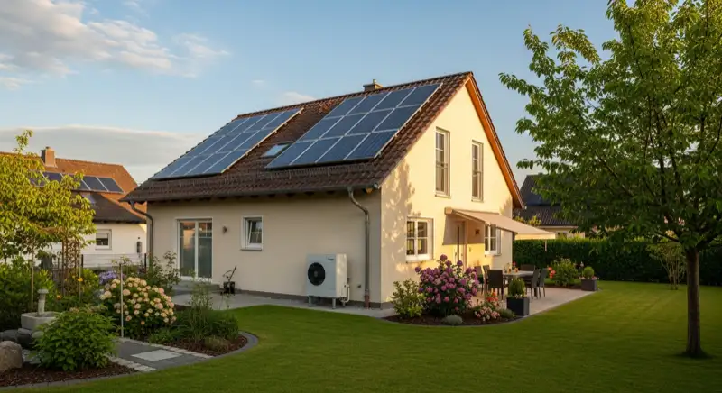 German detached house (Einfamilienhaus) with photovoltaic panels on pitched roof, well-maintained garden, warm afternoon sunlight