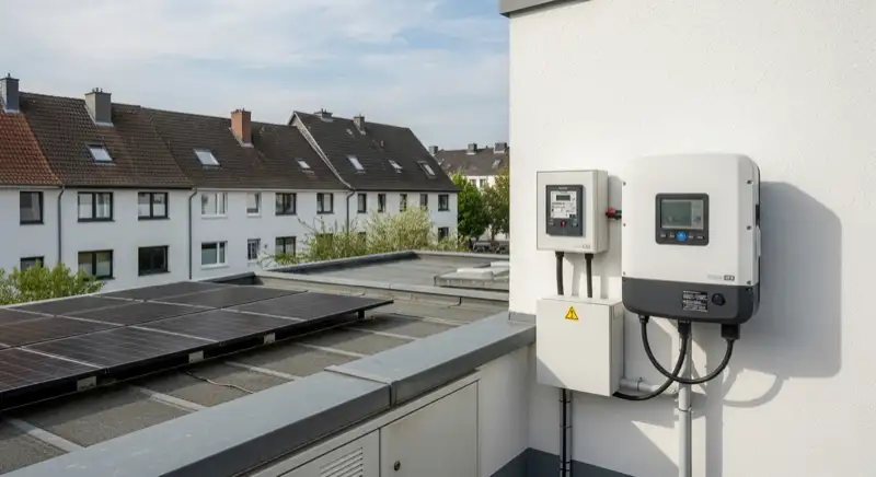 Modern German electrical meter cabinet (Zählerschrank) with smart meter and solar inverter connection, clean technical installation