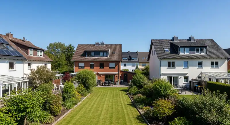 Aerial drone view of typical German residential neighborhood with mixed roof types, red and dark roof tiles, gardens visible, sunny day