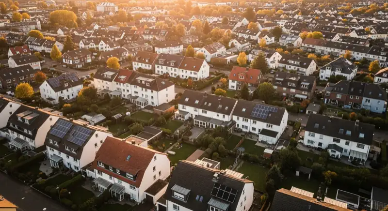 Aerial drone view of typical German residential neighborhood with mixed roof types, red and dark roof tiles, gardens visible, sunny day