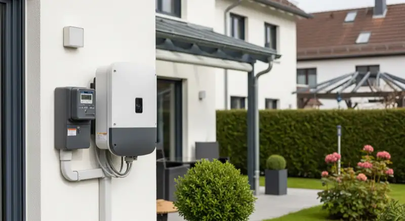 Modern German electrical meter cabinet (Zählerschrank) with smart meter and solar inverter connection, clean technical installation