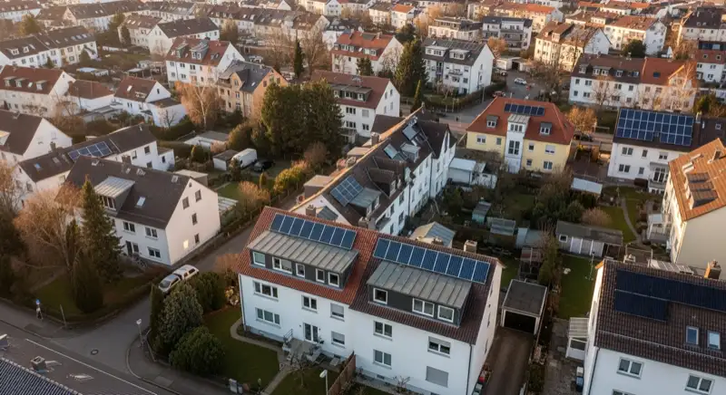 Aerial drone view of typical German residential neighborhood with mixed roof types, red and dark roof tiles, gardens visible, sunny day