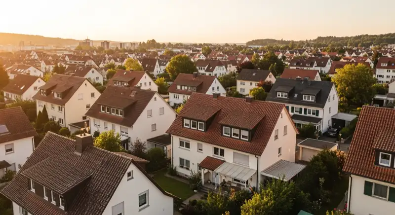 Aerial drone view of typical German residential neighborhood with mixed roof types, red and dark roof tiles, gardens visible, sunny day