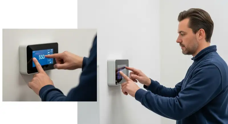 Energieberater mit Kostenaufstellung für Wärmepumpen in Oldenburg, Laptop und Dokumente auf dem Schreibtisch