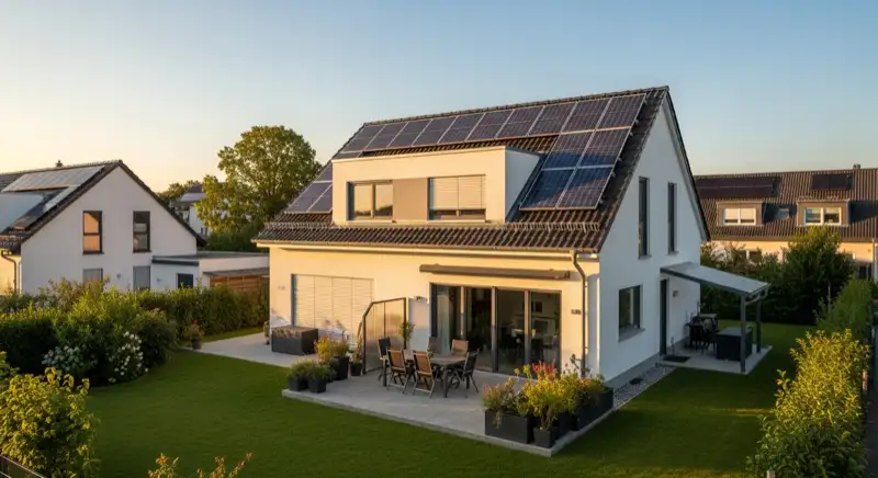 Modernes Einfamilienhaus in Oranienburg Süd mit Wärmepumpen-Außeneinheit im Garten