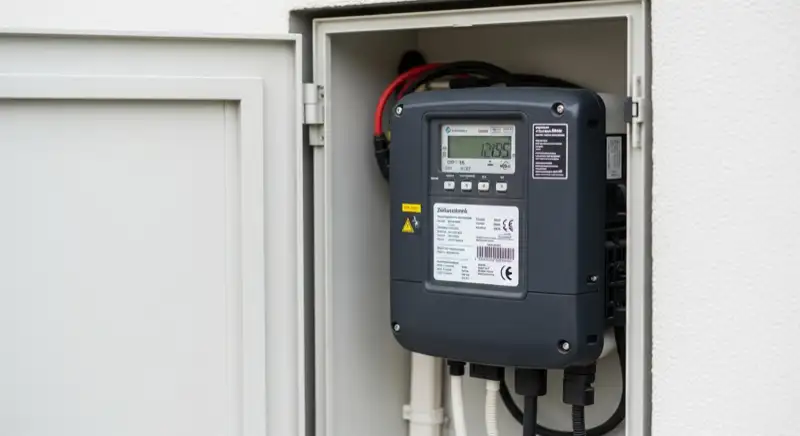Modern German electrical meter cabinet (Zählerschrank) with smart meter and solar inverter connection, clean technical installation