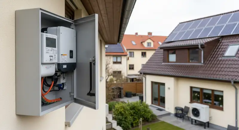 Modern German electrical meter cabinet (Zählerschrank) with smart meter and solar inverter connection, clean technical installation
