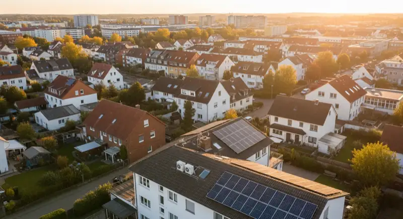 Aerial drone view of typical German residential neighborhood with mixed roof types, red and dark roof tiles, gardens visible, sunny day